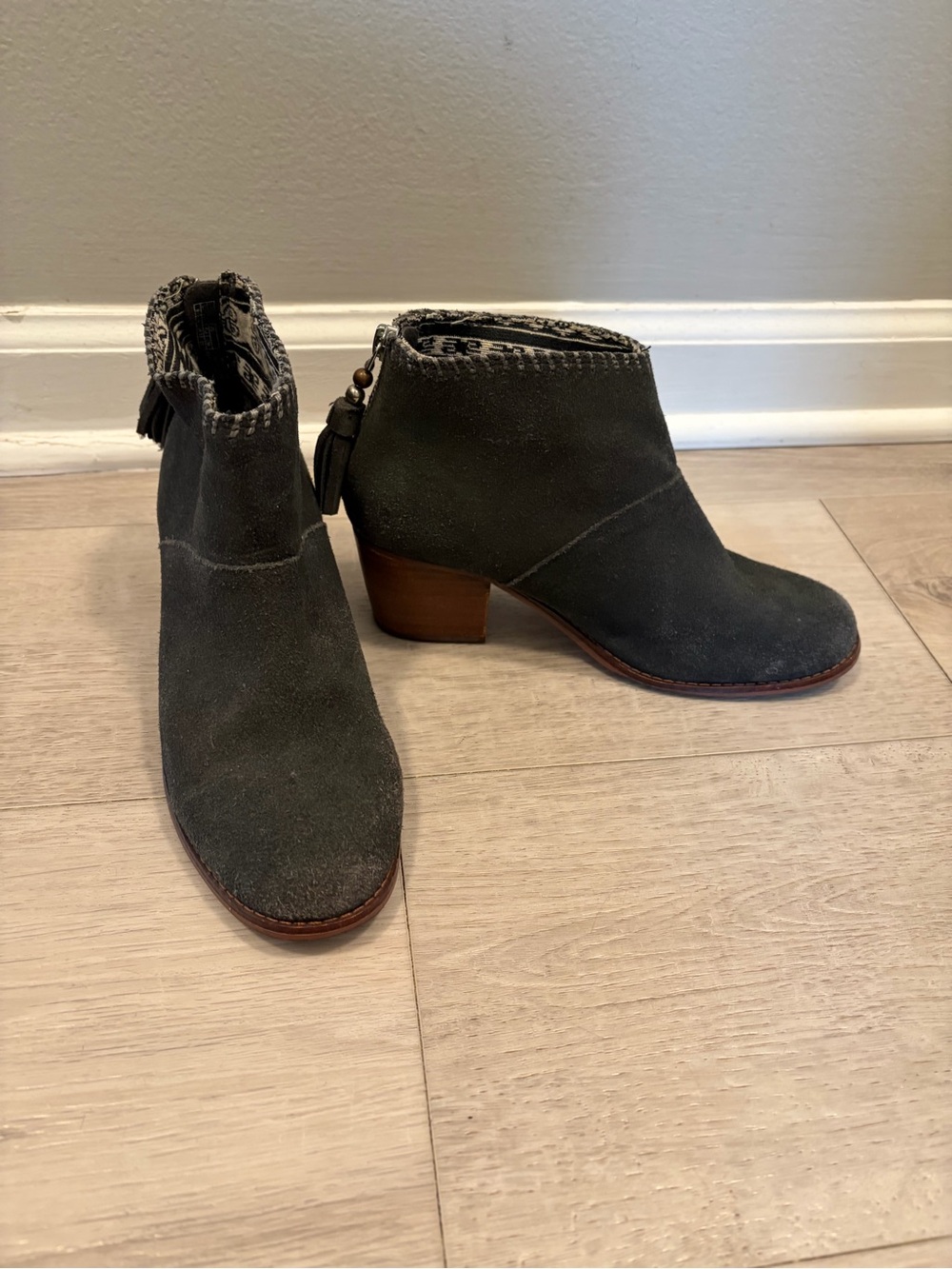Toms Olive Suede Ankle Booties with Tassel Detail